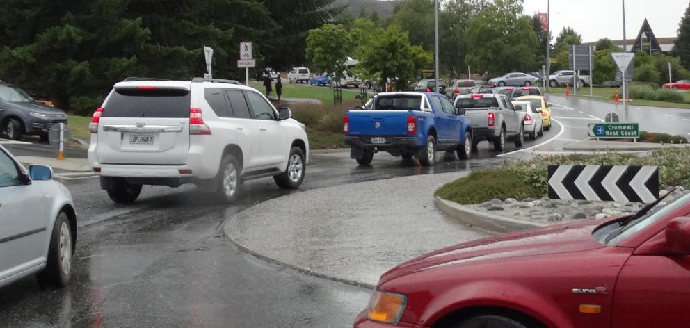 Traffic trying to get out of Wanaka at a standstill at the Ardmore St roundabout. Photo: Kerrie...