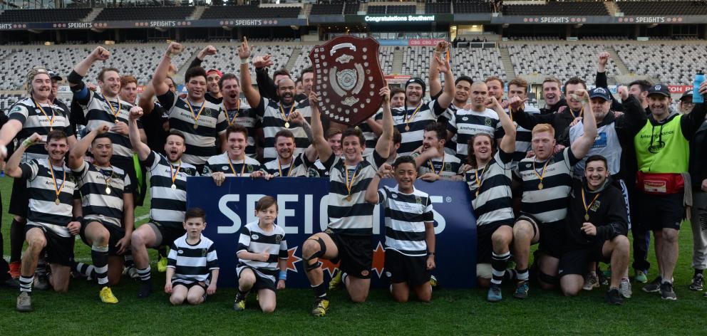 Then Southern captain Josh Walden holds the shield aloft after this side was victorious against Harbour in the Dunedin club premier final at Forsyth Barr Stadium last year. Photo: Linda Robertson