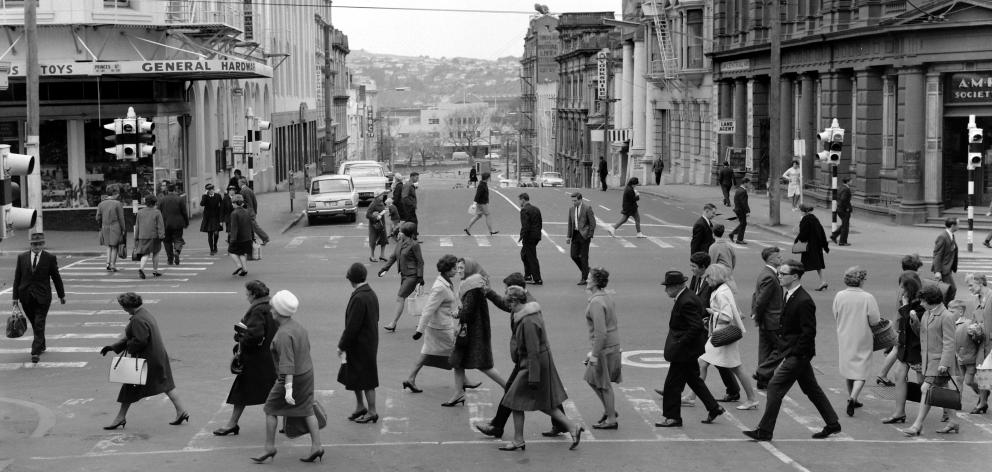 Some Barnes dancing going on in about 1968 at the junction of Princes and Dowling Sts, looking towards Queens' Gardens. Photo: ODT files