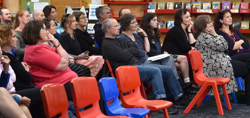Broad Bay father Jason Graham (right) speaks to a meeting at Macandrew Bay School yesterday evening after the Otago Regional Council refused to make his proposed minor changes to bus routes to suit Otago Peninsula school pupils. Photos: Peter McIntosh
