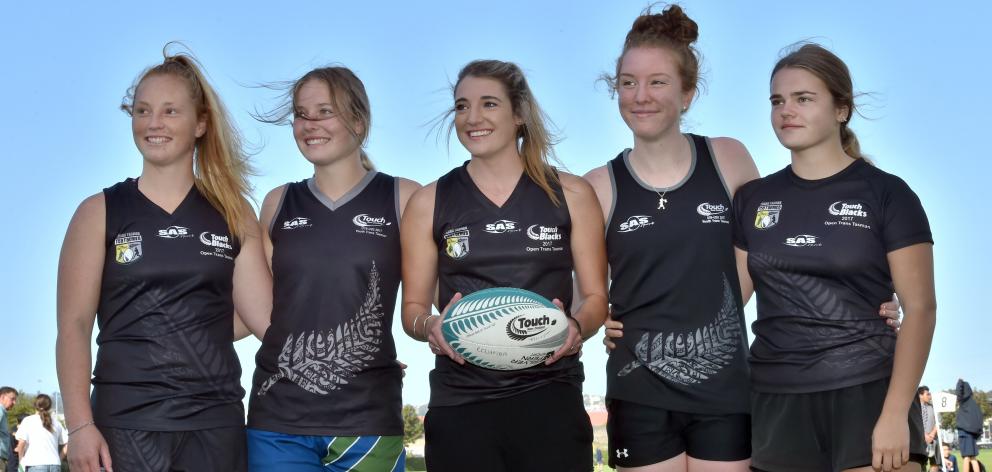 Otago players Trisha Hopcroft, McKayler Moore, Dayna Turnbull, Olivia O'Neill and Abbey Johnston at the Kensington Oval yesterday after being selected for the Touch Blacks. Photo: Gregor Richardson