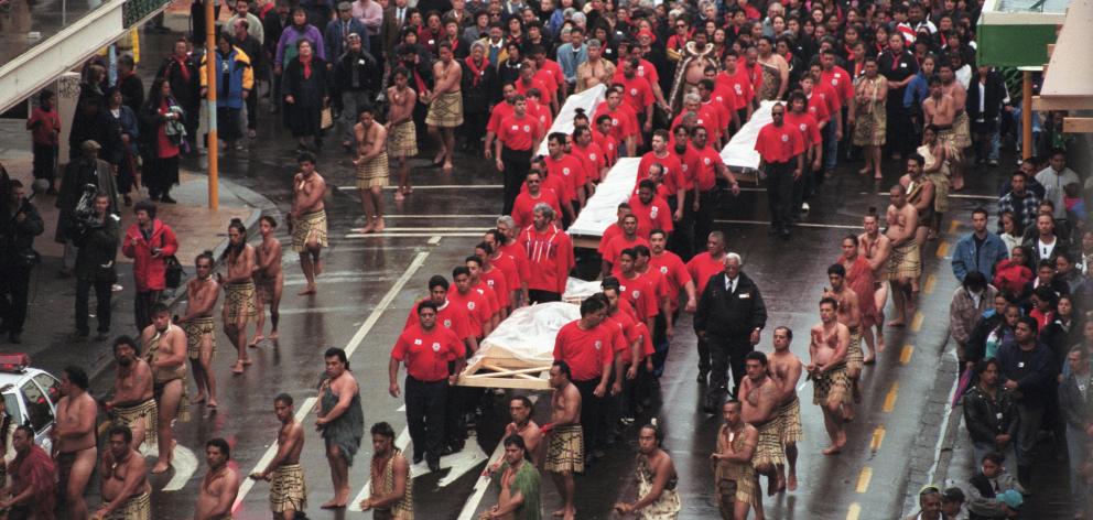 Iwi moving taonga to the new building on the waterfront, March 22, 1997. Photo: Supplied