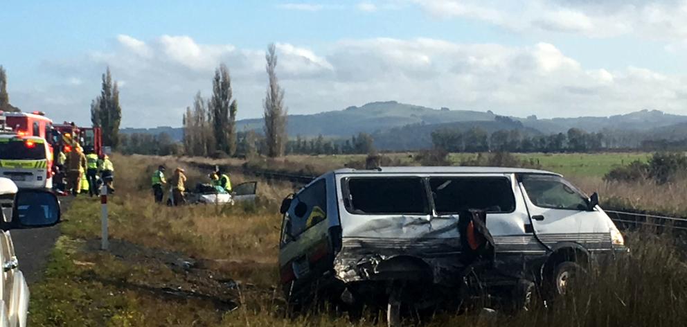 Emergency services at the crash scene on State Highway 1 today. Photo Gerard O'Brien
