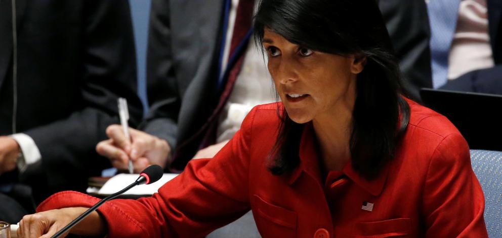 US Ambassador to the UN Nikki Haley at the Security Council meeting discussing the recent ballistic missile launch by North Korea at UN. Photo: Reuters