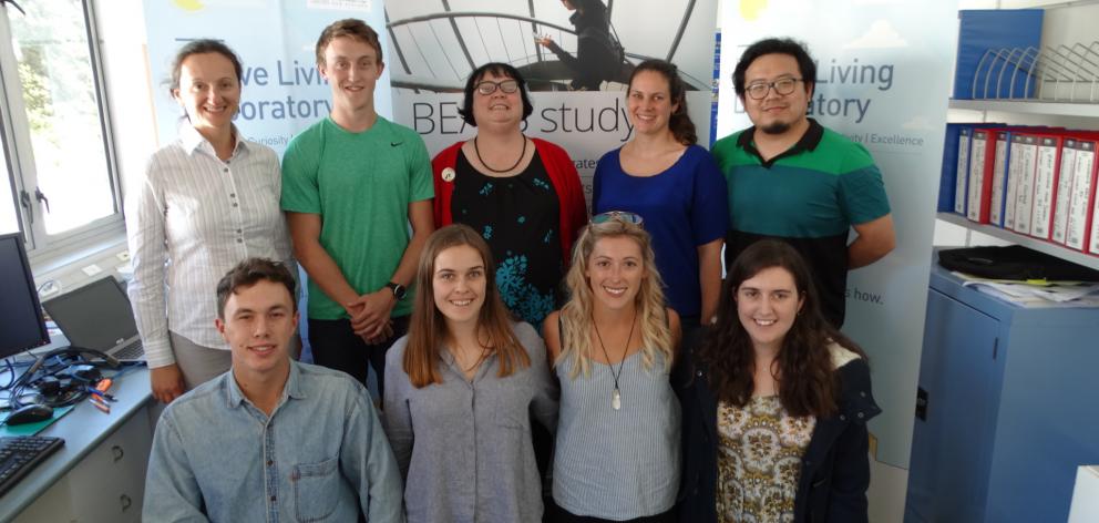 Otago researchers and students (back, from left) team leader Associate Prof Sandy Mandic, student Mike Jensen, project co-ordinator Angela Findlay, lecturer Dr Christina Ergler and PhD student Long Chen; (front, from left) students Chris Tait, Brittany Wh