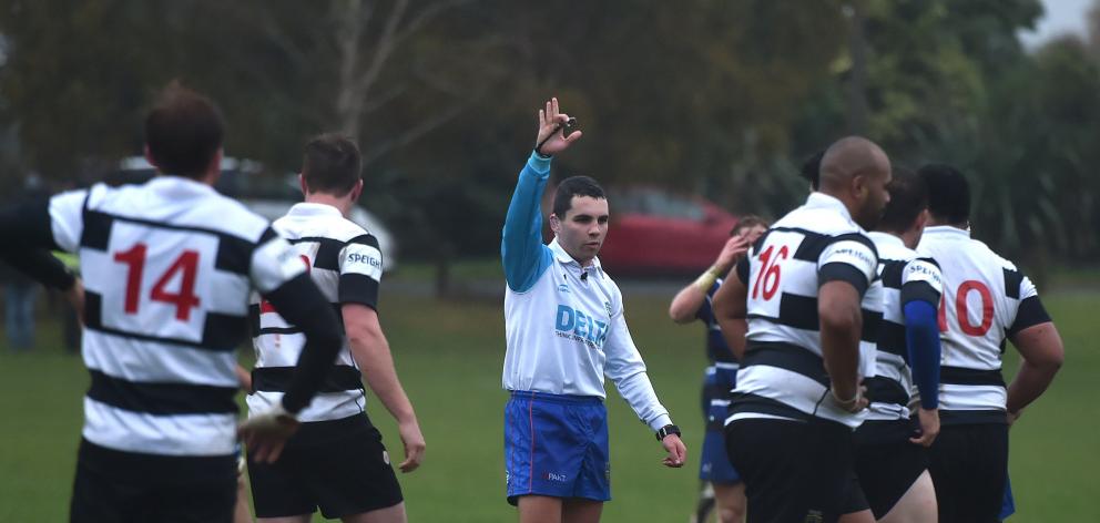 Referee Eden Brown stops play during a premier game between Southern and Kaikorai at Bishopscourt...