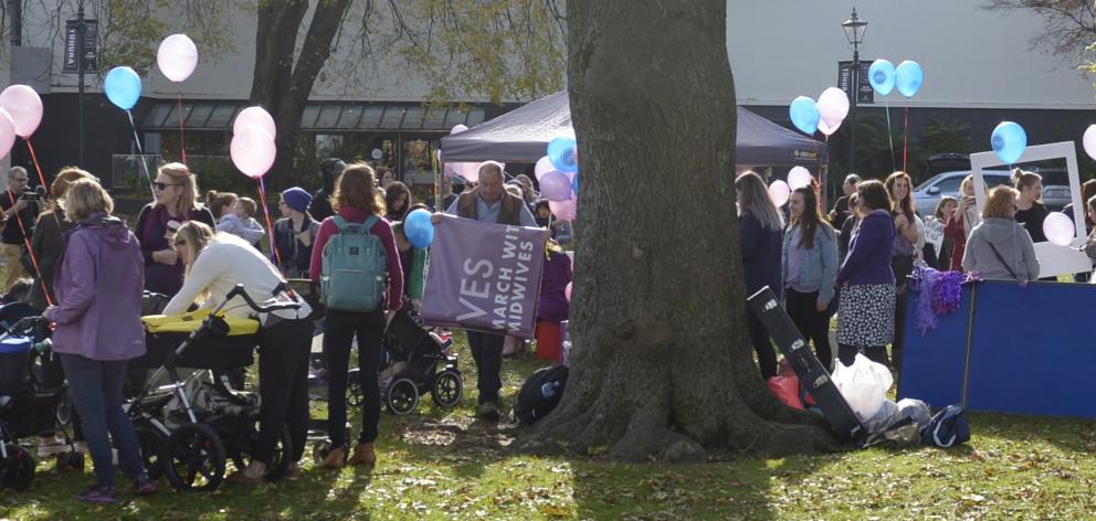 Midwives and supporters gather at Otago Museum Reserve yesterday to support the midwives' pay...