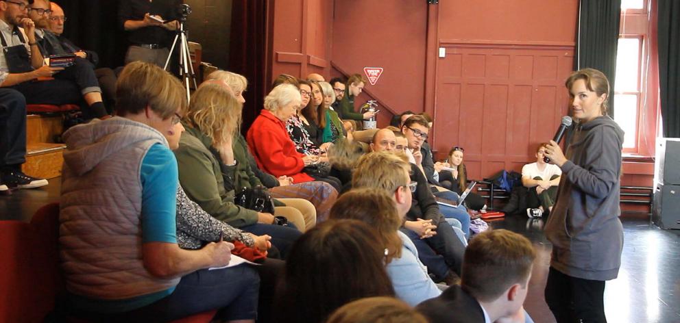 Members of Dunedin’s theatre community listen as actor Rosella Hart addresses the Save the Fortune Theatre meeting, at Allen Hall on Tuesday. PHOTO: JOHN COSGROVE