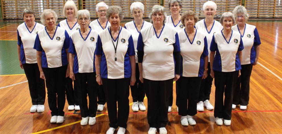 The Dunedin Leisure Marchers. Front (from left) Dorothy Howard, Susan McCuish, Janice Latta, Glenys Cowie (coach), Lenore Morris, Natalie Sullivan. Back (from left) Joy McCullough, Lorraine Farris, Susan Schweigman, Judy Byrne, Jimsie Smith, Jan Letts, Di