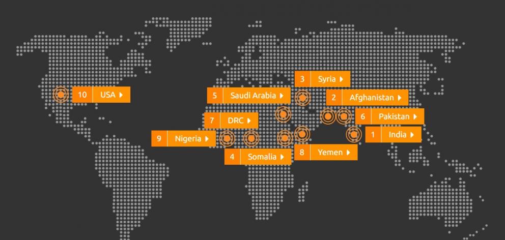 A graphic of the top 10 most dangerous countries for women according to an international poll. Photo: Thomson Reuters