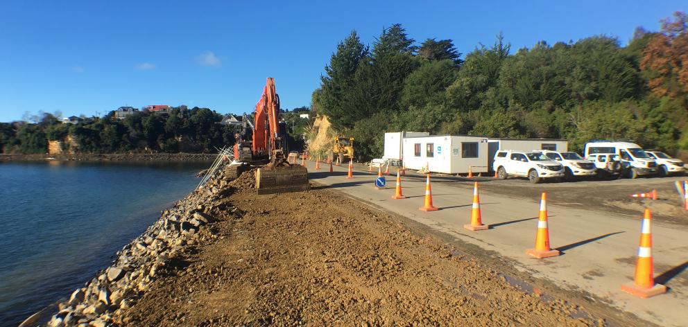Work continues on widening the road beside Maramoana Reserve at Edwards Bay, between Broad Bay...