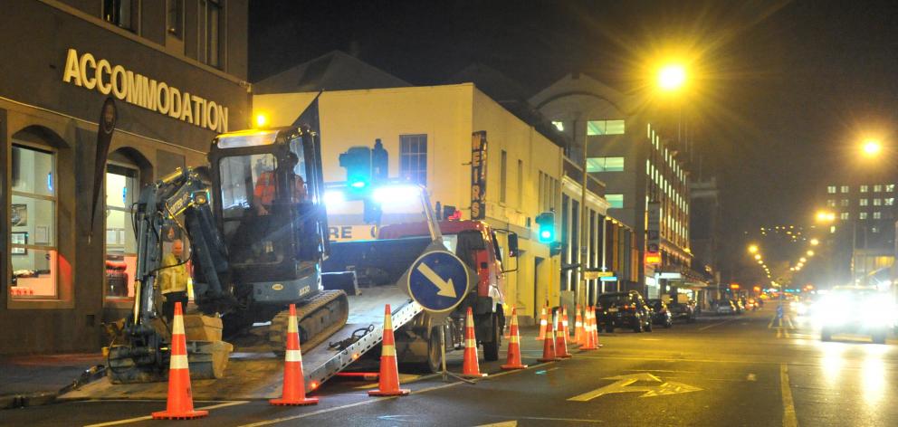 Workers begin construction on Dunedin's bus hub in Great King St yesterday. Photo: Christine O'Connor