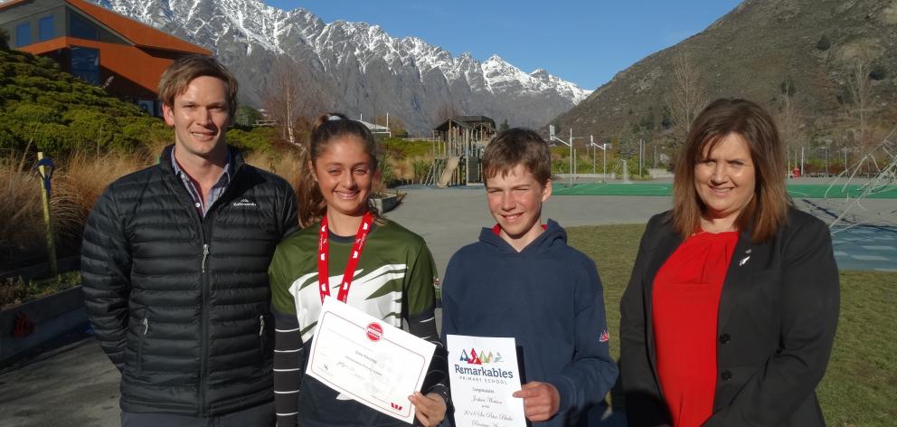 From left, Aaron Fleming, Zara Mackley (12), Josh Watson (12) and Westpac's Fiona McLister.  Photo: Joshua Walton