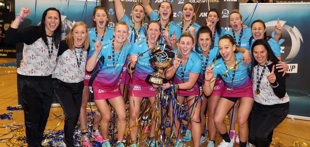 Steel players and staff celebrate after winning the ANZ Premiership grand final at Fly Palmy...