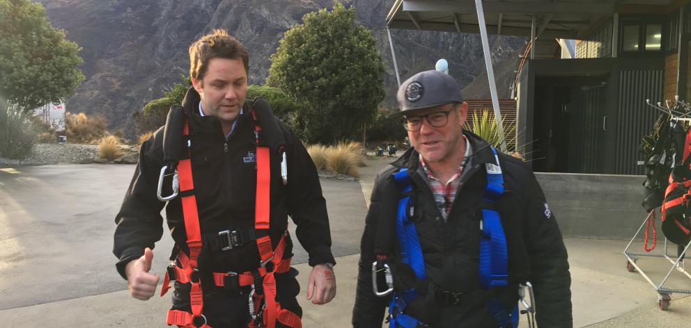 Clutha Southland MP Hamish Walker and AJ Hackett Bungy founder Henry van Asch ready to be launched on the Catapult, the company's latest adventure ride, which will be launched this morning. Photo: Joshua Walton