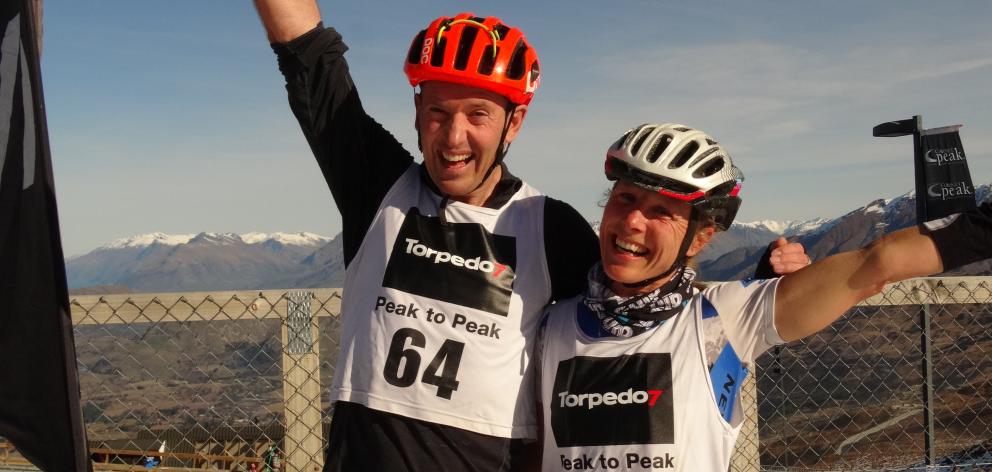 Chris Forne, of Queenstown, and Joanna Williams, of Wanaka, celebrate winning the Peak to Peak...
