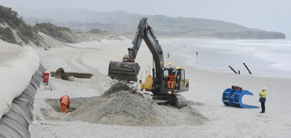 An excavator digs for damaged sand bags torn from the base of the protective sand sausage at St Clair by winter storms. Photo: Gerard O'Brien