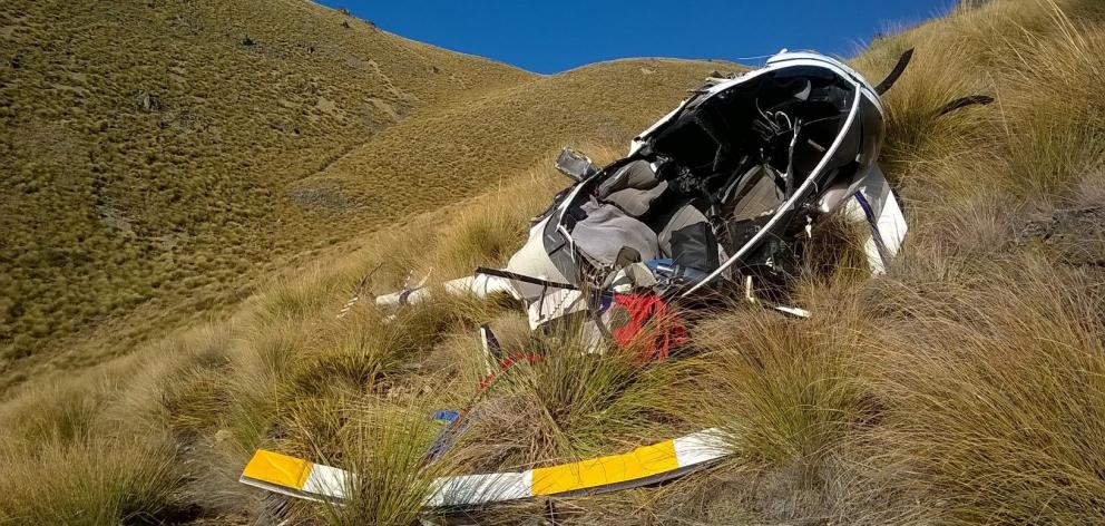 The wreckage of the Robinson R22 helicopter which crashed in the Lindis Pass in 2016. PHOTO: CAA...