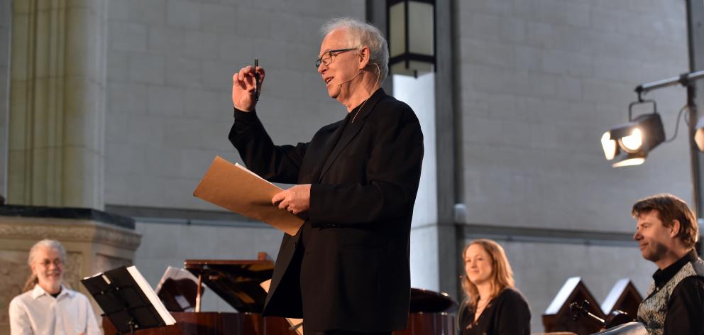 Poet Bill Manhire gives his performance Tell Me My Name with musicians (back, from left) Norman Meehan, Hannah Griffin and Martin Riseley. Photos: Peter McIntosh