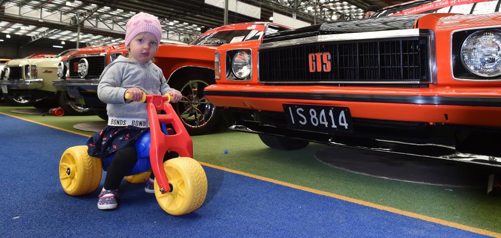 Keira Crossan (20 months) rolls out at the Autospectacular on Saturday. Photos: Gerard O'Brien