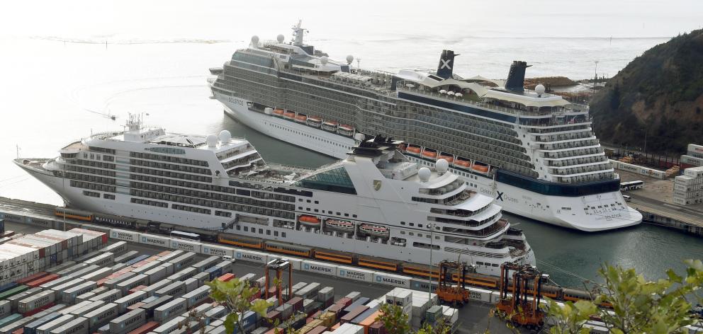 Cruise ships, 'Seabourn Encore' (front) and 'Celebrity Solstice' berthed at Port Chalmers last year. Photo: Stephen Jaquiery
