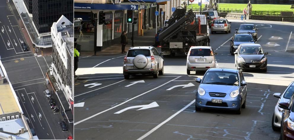 Cars divert past others following Moray Pl road changes. At left, The Moray Pl-Princes St intersection before the changes. Photos: Stephen Jaquiery