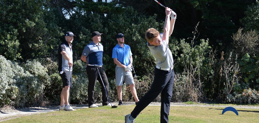 North Otago matchplay winner Callum Judkins  tees off during the tournament in Oamaru over the...