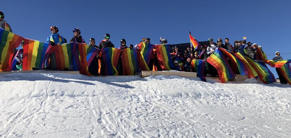 Winter Pride revellers enjoy the powder at Cardrona on Saturday. Photo: Daisy Hudson