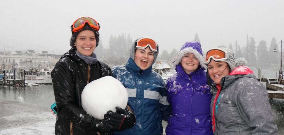Enjoying the white weather in Queenstown are (from left) Lauren McGlynn, Shannon White, Danika...
