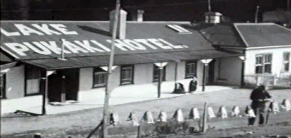Rabbit skins being dried in the sun outside the Lake Pukaki Hotel, in a frame from a silent movie made for J.K. Mooney & Co Ltd in the early 1930s. Photo: Joe Enright