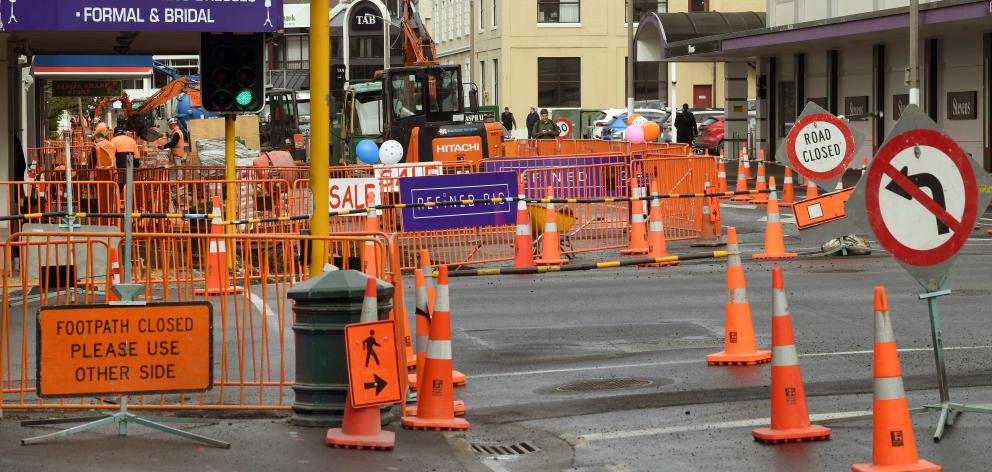 Orange barriers cover the bus hub work site in Great King St this week. Photo: Stephen Jaquiery