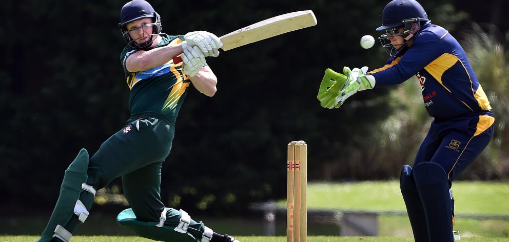 Green Island all-rounder Geordie Scott pulls the ball during a senior grade one-day game against...