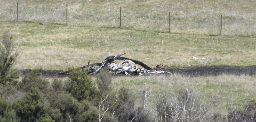 The remains of a Hughes 500 helicopter crash near Wanaka airport yesterday. Photos: Mark Price 