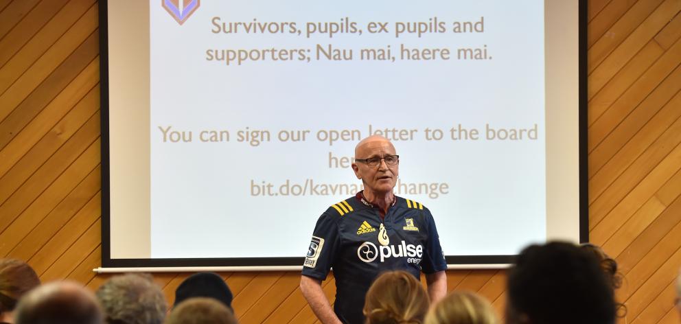 Dr Murray Heasley, from the Network of Survivors in Faith-based Institutions and their Supporters, calls for a name change for Kavanagh College at a public meeting in Dunedin last night. Photo: Peter McIntosh