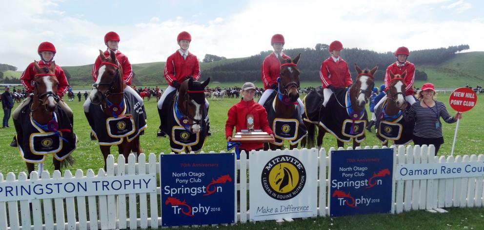 The red team from the host North Otago Pony Club of (from left) Summer Borrie (12, left), Alex de Geest (14), Paige Hardwick (18), Maddie Neal (15), Samantha Gillies (13) and Nelle Loper (15) came third in the Springston Trophy. Photo: Daniel Birchfield