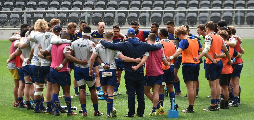 The Otago players huddle during team training at Forsyth Barr Stadium this week. Photo: Gregor...