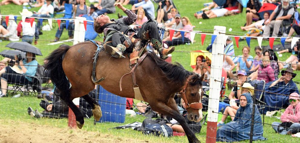 Will Gregory bucks his way past the crowd during the open bareback at the Outram rodeo last year....