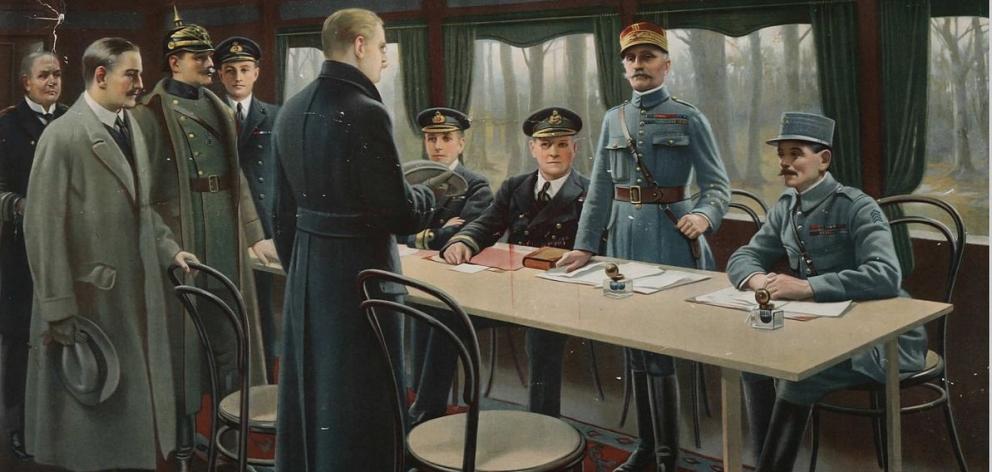 A British artist, Harold Piffard, depicted the signing of the Armistice in a railway carriage....