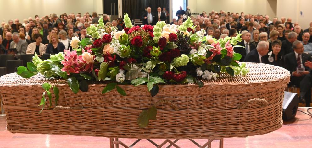  Mourners arrive at broadcaster Neil Collins’ funeral in Dunedin yesterday.  Mr Collins was...