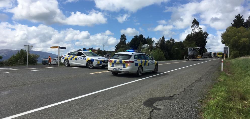 Police and a rescue helicopter at the scene this afternoon. Photo: Peter McIntosh