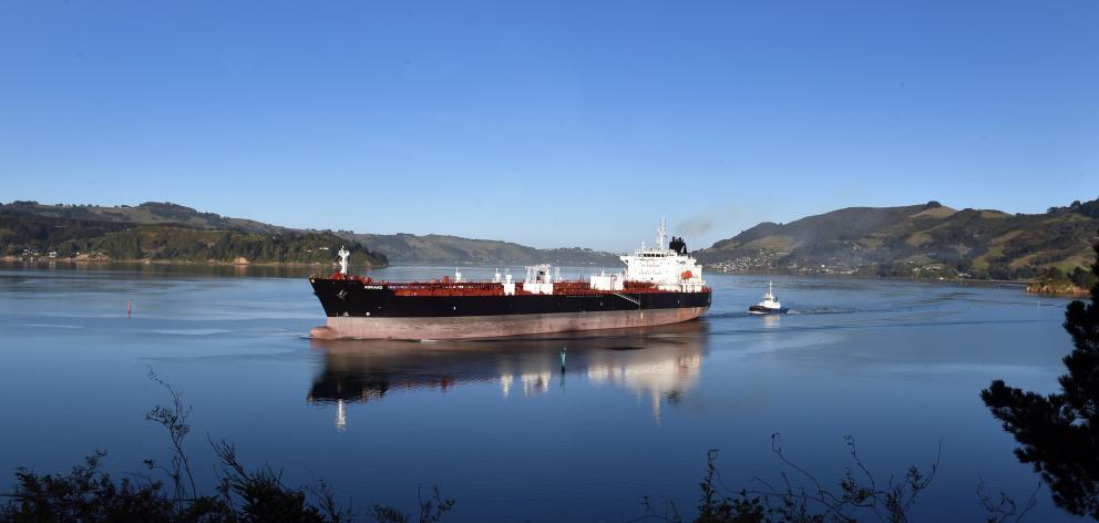 Higher imported fuel costs and the low New Zealand dollar took their toll in a larger-than-expected trade deficit; pictured, fuel tanker MV Kokako pictured at Roseneath leaving Otago Harbour. Photo: Peter McIntosh
