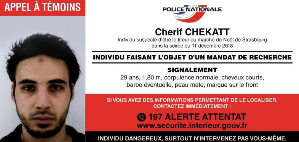 Police have posted this appeal for sightings of Strasbourg-born Cherif Chekatt. Image: French...