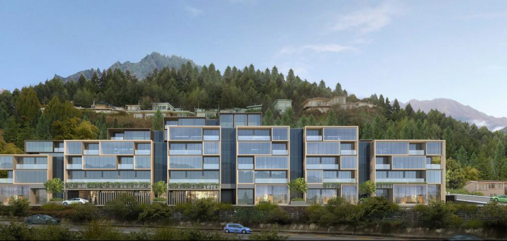 An artist's impression of the 162-room hotel proposed for Queenstown's Thompson St by developer Well Smart Investment Holding. Image: Patch Ltd