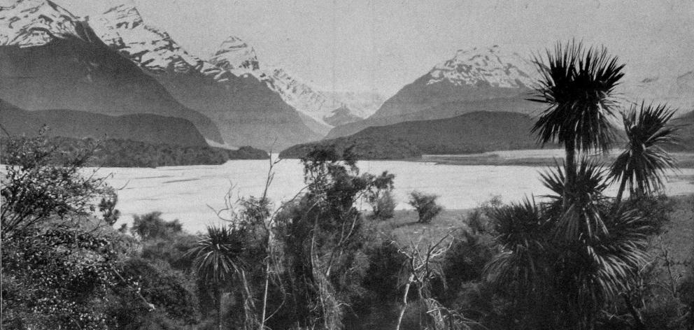 The Dart River from Paradise, showing Mt Earnslaw on the right. — Otago Witness, 18.12.1918.