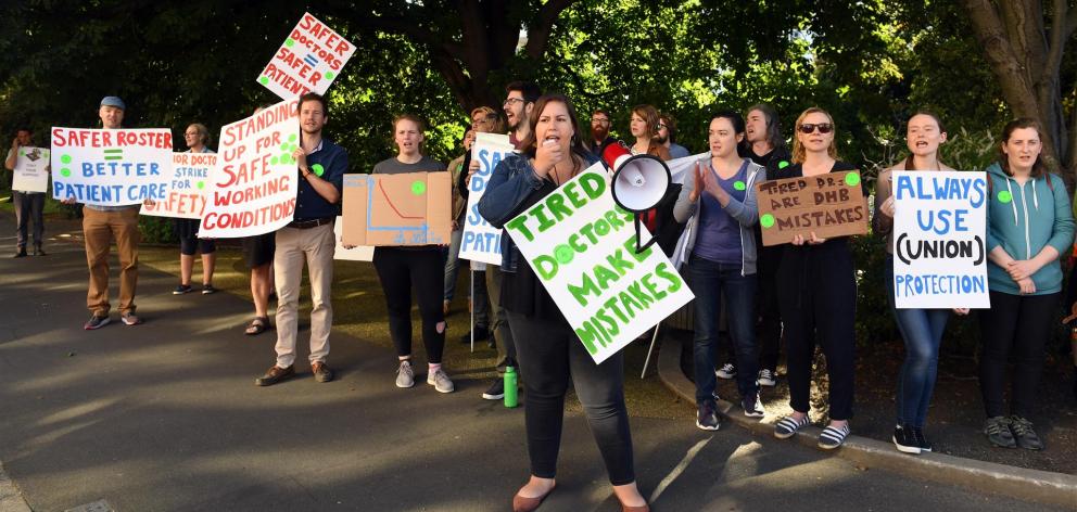 Rosa Tobin Stickings leads a striking doctors protest in Great King St yesterday morning. Photo: Stephen Jaquiery