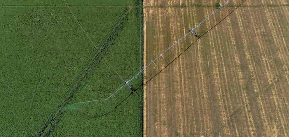 A modern day aerial shot over some irrigated grounds at the Winchmore Research Station site.