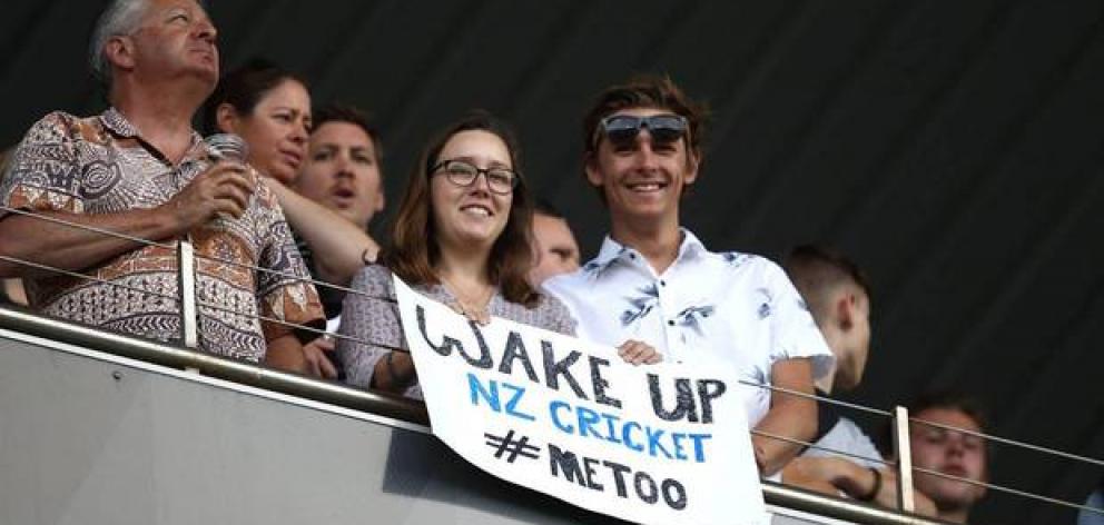 Fans holds a protest banner at Eden Park. Photo: Getty Images