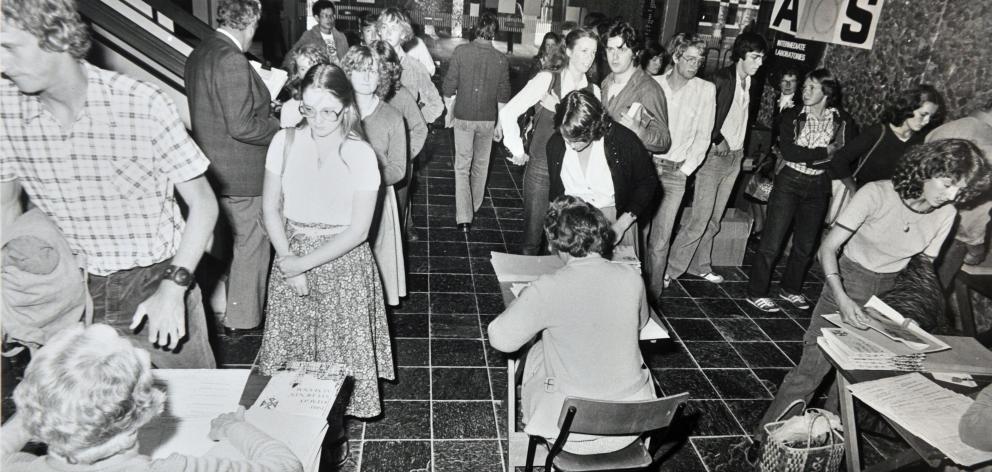 Students line up for enrolment at the start of the 1980 academic year. PHOTO: ODT FILES
