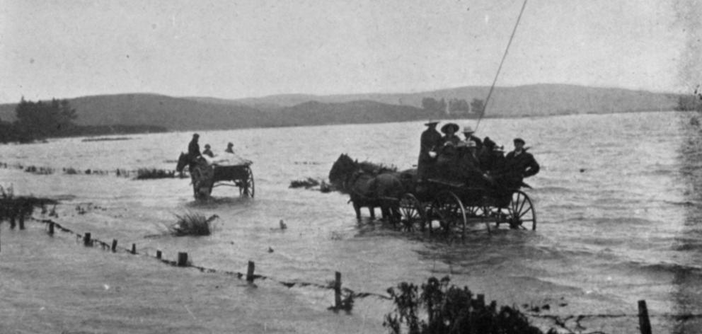 On the Lovells Flat-Kaitangata Road: Schoolteachers travel by buggy on the way to resume their...