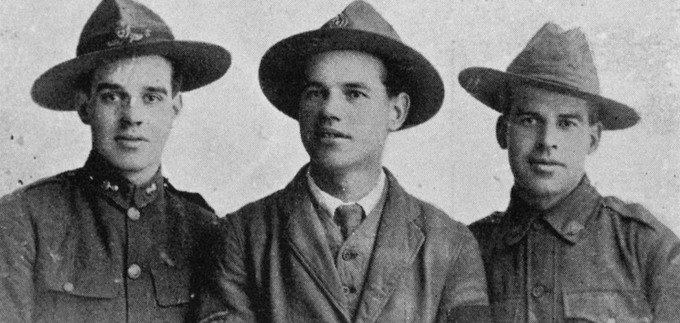 Three brothers from Lawrence who met recently in London. From left: Gunner R. L. Anderson, 14th Reinforcements; Sergt J. H. Anderson, 17th Reinforcements; Signaller G. L. Anderson, Australian Imperial Force. They are the sons of Mr and Mrs Walter Anderson